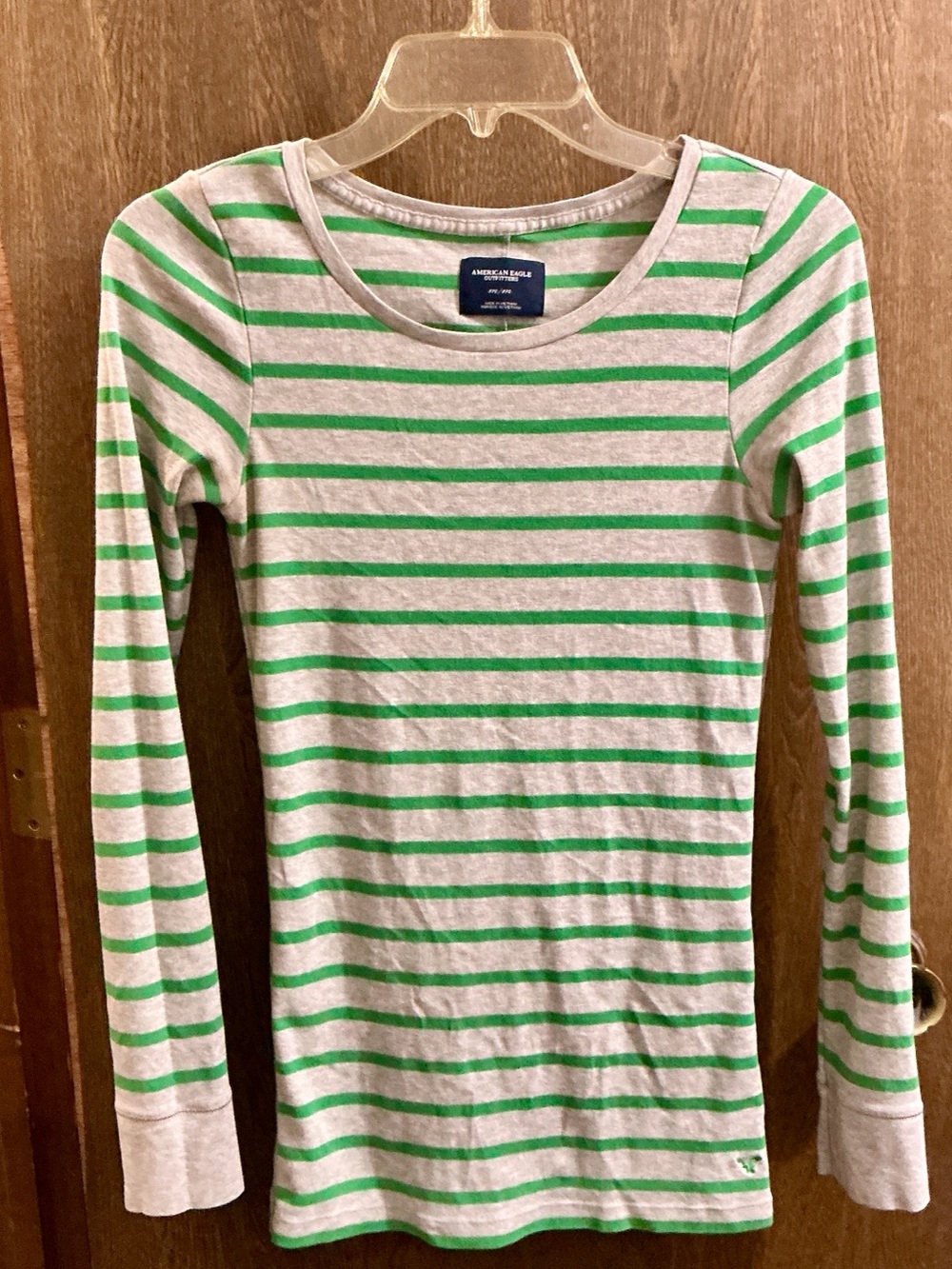 American Eagle Outfitters Green and Light Gray Striped Long Sleeve Tee